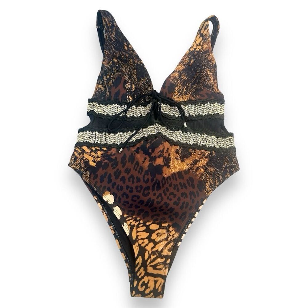 River Island - Womens Brown Animal Print Plunge One Piece Swimsuit